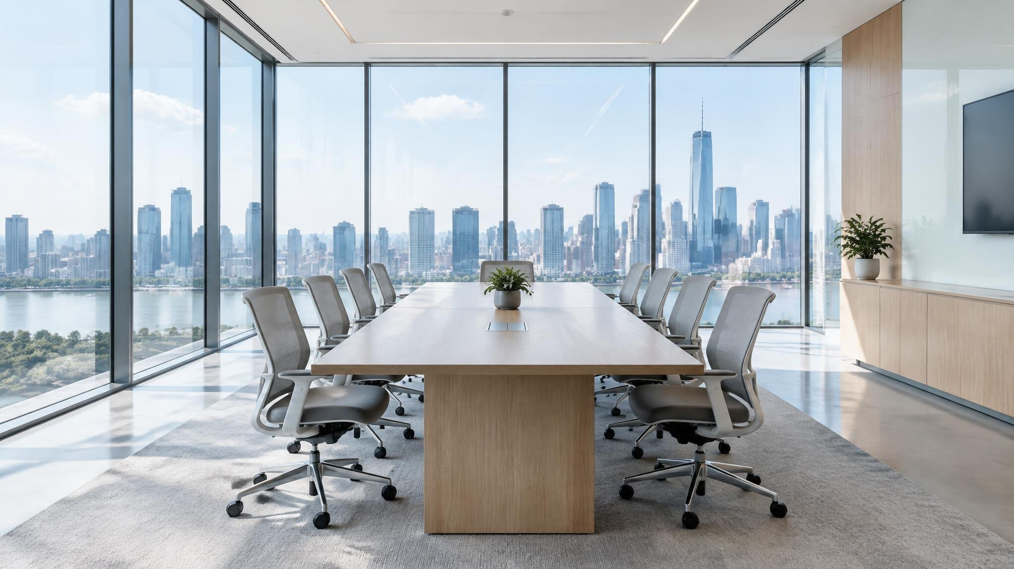 Modern glass-walled conference room with a long table and city view